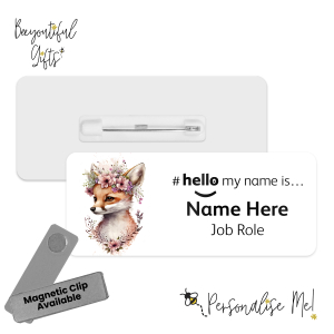 Name Badge - Cute Pink Floral Animals Hello My Name is... - Fox