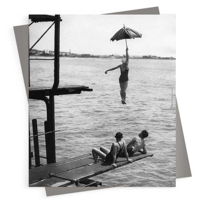 Parachute - vintage black and white themed card featuring a woman high diving - 12.6 x 17.7cm and blank inside - made in the UK