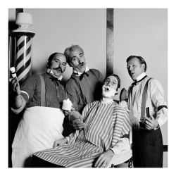 Holy Mackerel Barbershop quartet retro black and white photographic card featuring a vintage image of singers shaving - 15cm square and blank inside