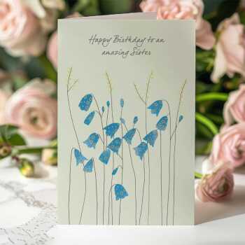Harebells sister birthday card -  designed by Eloise Hall for Holy Mackerel - 15.7 x 11cm and blank inside, made in the UK