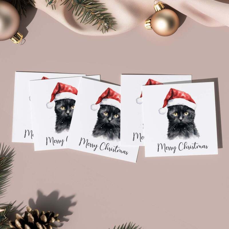 5 x Christmas Card of a Black Cat Wearing A Santa Hat Whimsical Watercolour Christmas Card For Animal Lover For Him or Her - Square (4.7x4.7) / Pack of 5