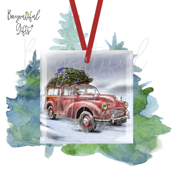 Glass Christmas Tree Decoration - Watercolour Festive Classic Car