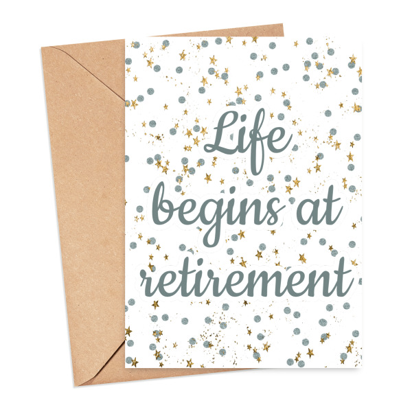 Retirement Card - Life Begins at Retirement Starry Confetti - Small (Approx. A6 | 105mm x 148mm | 4.1in x 5.8in) - Standard Smooth Card