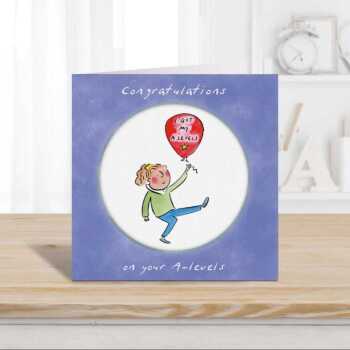A level congratulations card for a girl - designed by Rosie Brooks - 15cm square and blank inside, made in the UK