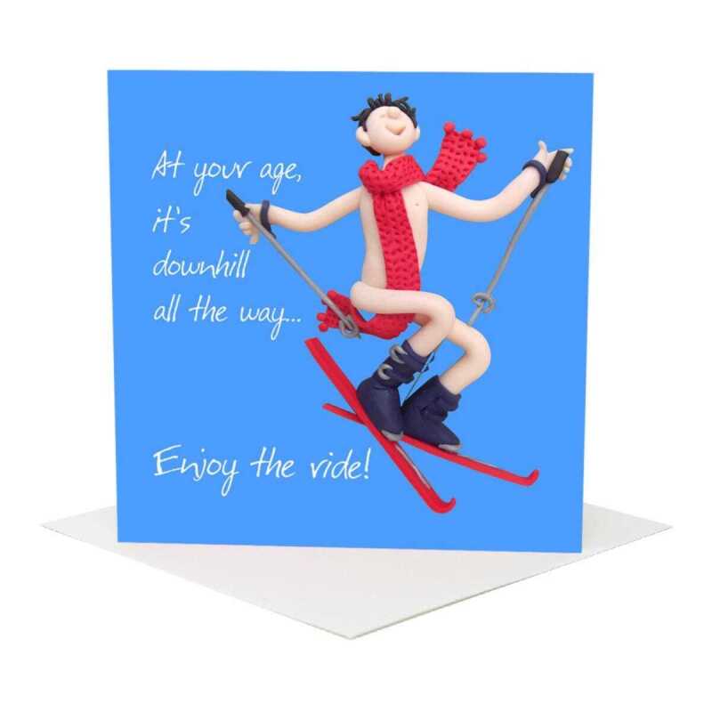 Skiing themed birthday card for him - designed by Erica Sturla - 15cm square and blank inside, made in the UK