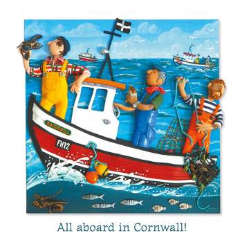 Holy Mackerel All aboard in Cornwall, a Cornish themed regional greetings card, designed by Erica Sturla Card is 150mm square and blank inside.