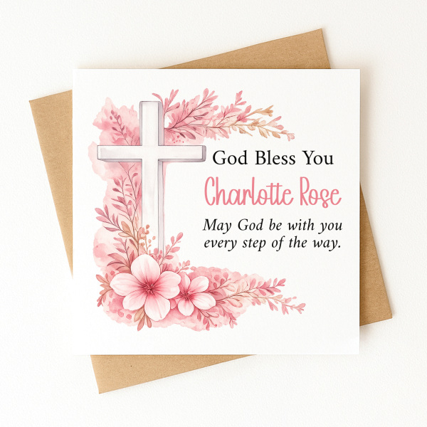 Personalised Baptism Card - God Bless You - Pink Floral Cross - Standard Smooth Card