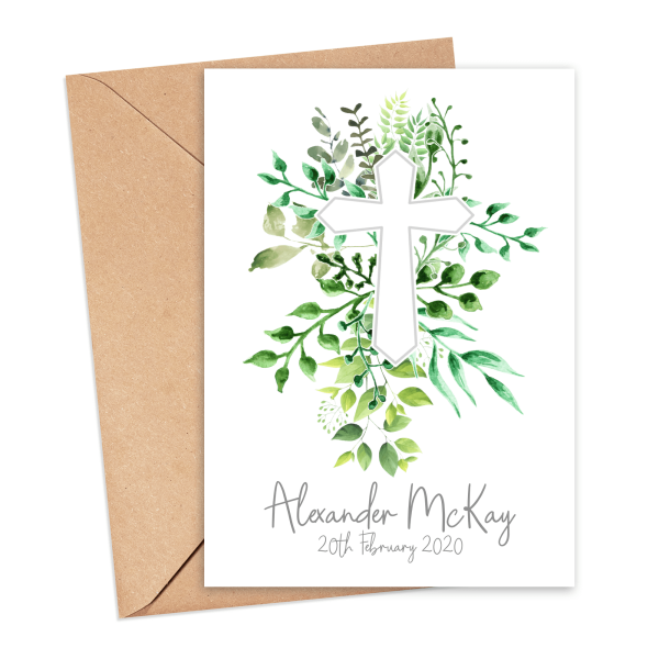 Personalised Christening Card - Cross with Foliage - Small (A6)