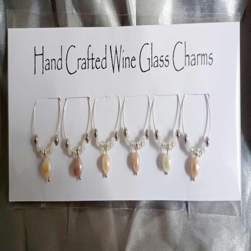 Set of 6 Wine Glass Charms with Freshwater Pearls - Mounted on Card