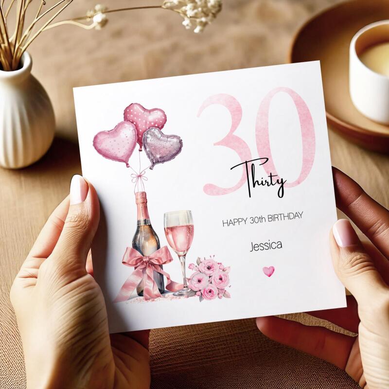 30th Birthday Card for Her Pink Champagne Balloons Flowers Personalised Milestone Greeting Thirty - Smooth No Message - Kraft Brown