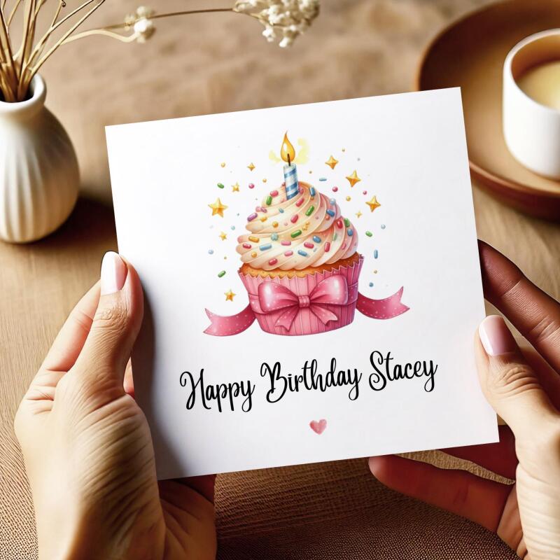 Personalised birthday card pink cupcake candle bow handmade greeting for her or him - Smooth No Message - Kraft Brown