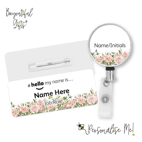 #hello my name is... Name Badge & Metal ID Reel - Rose Border