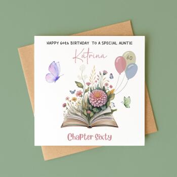 Personalised 60th Birthday Card for Auntie - Floral Book Design with Butterflies & Balloons