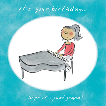 Just Grand Music Themed Birthday Greetings Card by Artist Rosie Brooks. Card is 150mm Square.
