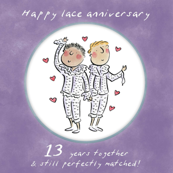 Holy Mackerel same sex LGBTQ+ 13th Lace anniversary card (male) by Rosie Brooks - blank inside - 15cm square