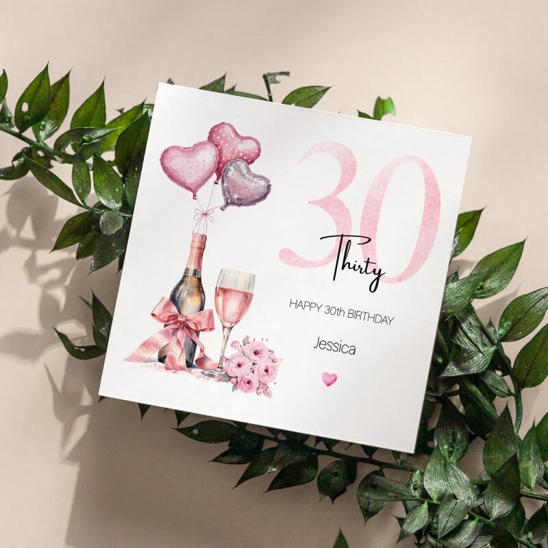 30th Birthday Card for Her Pink Champagne Balloons Flowers Personalised Milestone Greeting Thirty - Smooth No Message - Kraft Brown