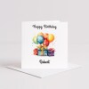 Personalised happy birthday card with balloons and gift boxes, custom name, vibrant colours - Smooth No Message - Kraft Brown