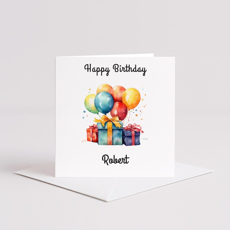 Personalised happy birthday card with balloons and gift boxes, custom name, vibrant colours - Smooth No Message - Kraft Brown