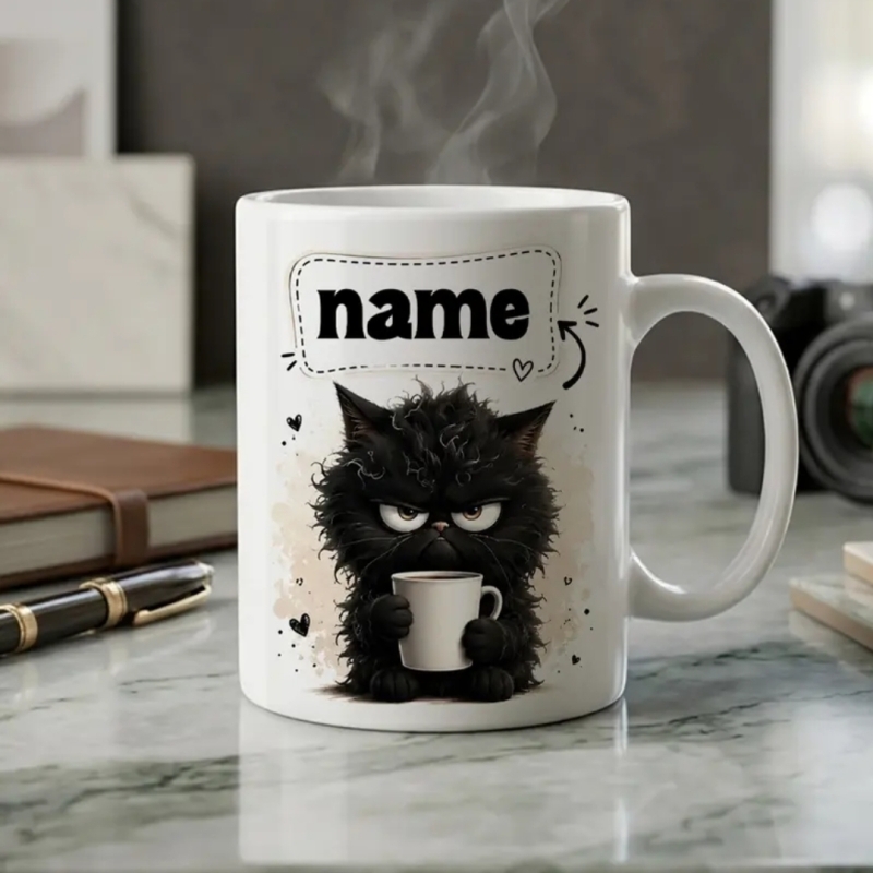 Personalised Black Cat White Ceramic Coffee Mug – Custom Name