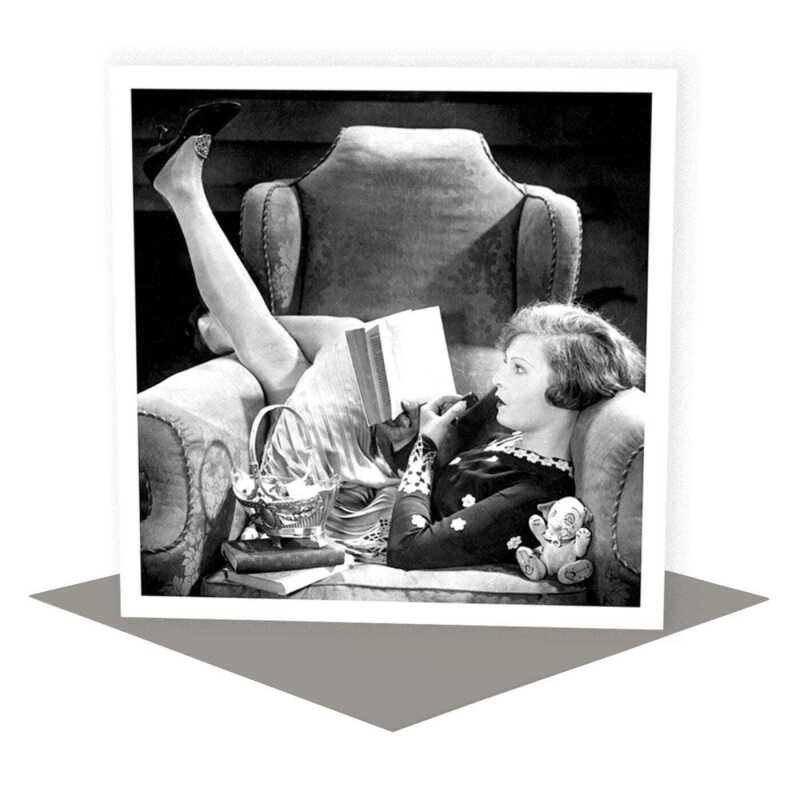 Big chair - vintage black and white themed card featuring a woman reading - 15cm square and blank inside - made in the UK