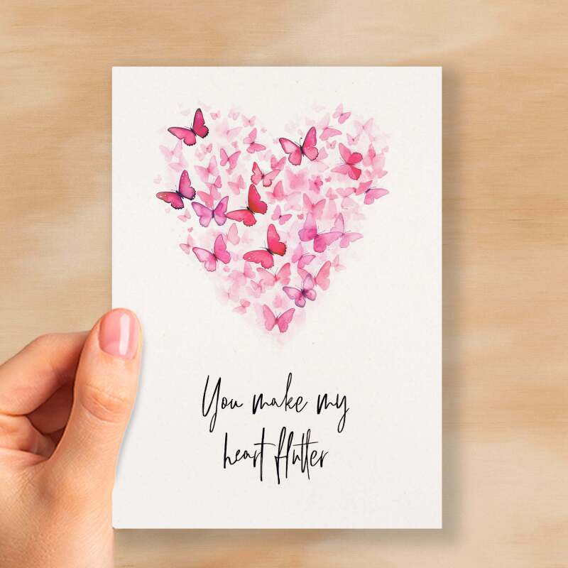 Anniversary or Valentine's Card for Her Anniversary Card for Wife Valentines Day Card For Husband Boyfriend or Girlfriend Butterfly Heart - Large (5x7) / Blank Message