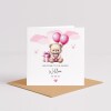 Personalised New Born Baby Girl Card Teddy Bear Birth Announcement &ndash; Pink Balloons Keepsake - Smooth No Message - Kraft Brown