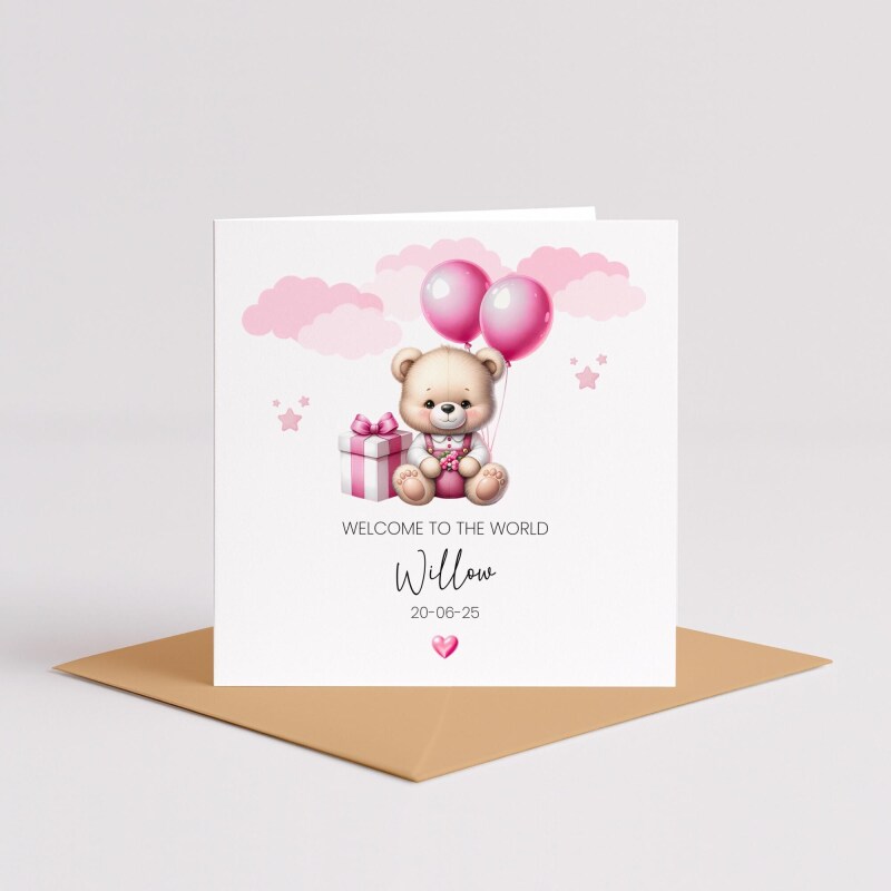 Personalised New Born Baby Girl Card Teddy Bear Birth Announcement &ndash; Pink Balloons Keepsake - Smooth No Message - Kraft Brown