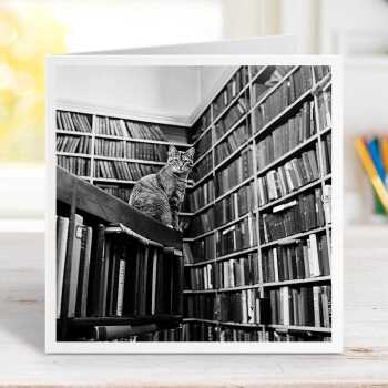 Library cat - vintage black and white themed card featuring a cat surrounded by books - 15cm square and blank inside - made in the UK