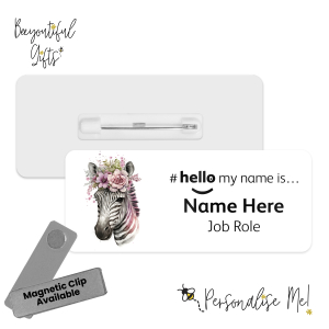 Name Badge - Cute Pink Floral Animals Hello My Name is... - Zebra