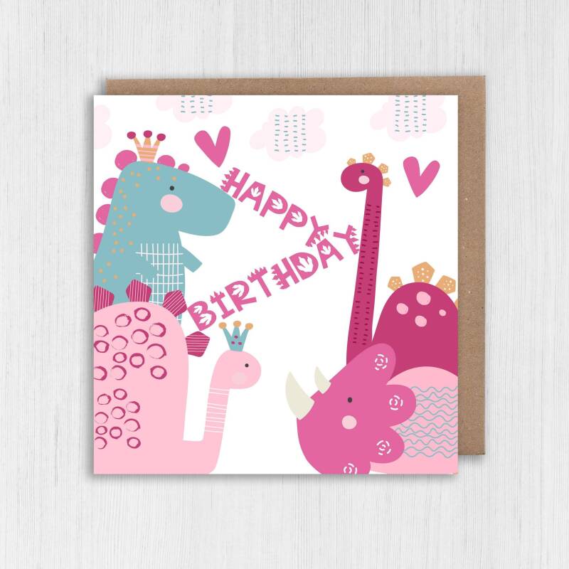Pink dinosaurs, dino birthday card for children, child, kid, boy, girl, daughter, granddaughter, niece (Size A6/A5/A4/Square 6x6") - A6: Single card