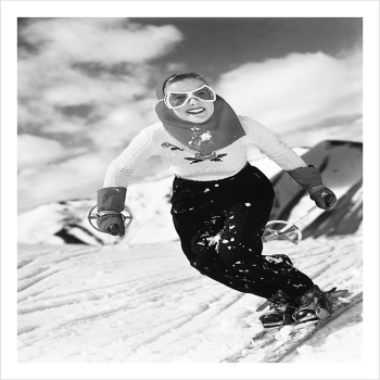 Downhill skiing in style, a 127 x 175mm Alternative Image winter themed Christmas card featuring a vintage black and white photo, message inside says Happy Christmas