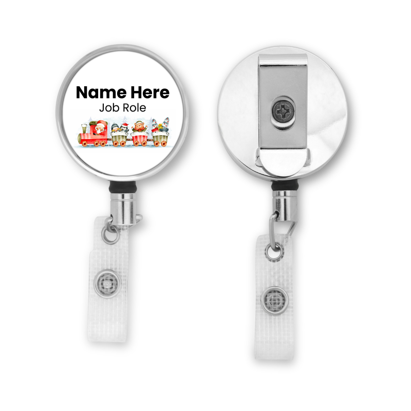 ID badge reel Personalised Metal ID Reel - Watercolour Christmas Tree Train