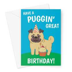 Happy Birthday Card - Kawaii Pug Dog - A5 Greeting Card