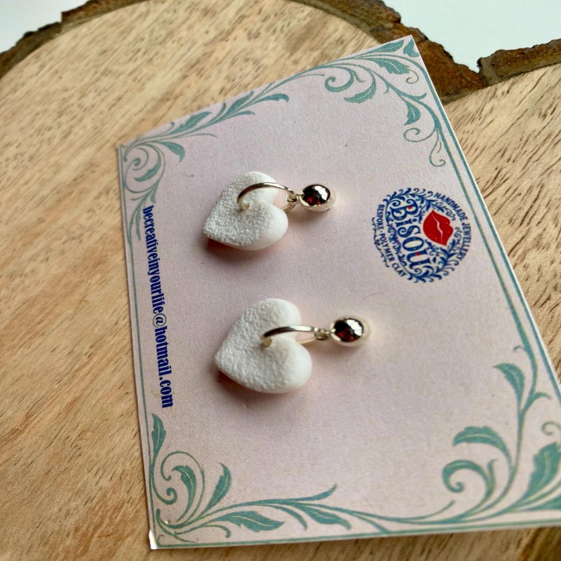 Handmade White Heart Drop Earrings, Polymer Clay, Silver Tone Studs
