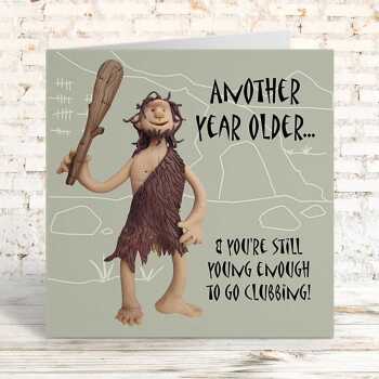 Stone age clubbing birthday card - designed by Erica Sturla - 15cm square and blank inside, made in the UK