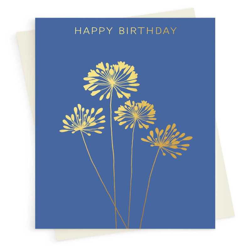 Happy birthday card with a pretty gold foil agapanthus print - designed by artist Eloise Hall - 15.7 x 11cm and blank inside