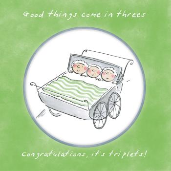 Holy Mackerel Congratulations it's triplets, a 15cm square new baby card featuring Rosie Brooks artwork, blank inside for your message