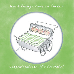 Holy Mackerel Congratulations it's triplets, a 15cm square new baby card featuring Rosie Brooks artwork, blank inside for your message