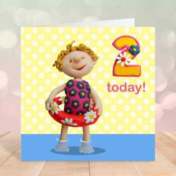 Birthday girl age 2 in paddling pool - child's age birthday - designed by Erica Sturla - 15cm square and blank inside, made in the UK