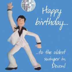 Oldest Swinger in Devon Birthday Greetings Card, Designed by Erica Sturla for Holy Mackerel. Card is 150mm Square and Blank Inside.