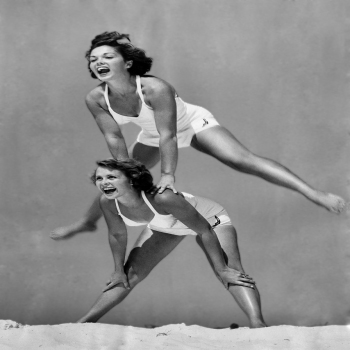 Holy Mackerel leapfrog retro black and white photographic card featuring a vintage image of two girls in swimsuits on the beach - 12.6 x 17.7cm and blank inside