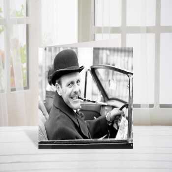Terry Thomas, vintage photographic black and white car themed card - 12.6 x 17.7cm and blank inside - made in the UK