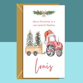 Nephew Tractor Christmas Card - Personalised - Custom Xmas Card for Nephew - Santa and Tractors