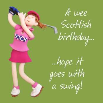 Scotland Birthday Golf Female Birthday Greetings Card, Designed by Erica Sturla for Holy Mackerel. Card is 150mm Square and Blank Inside.