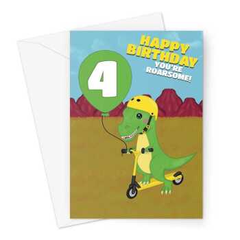 Dinosaur Scooter Happy 4th Birthday Card