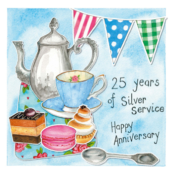 25 years together Silver 25th Anniversary 150mm square greetings card by artist Kate Brazier