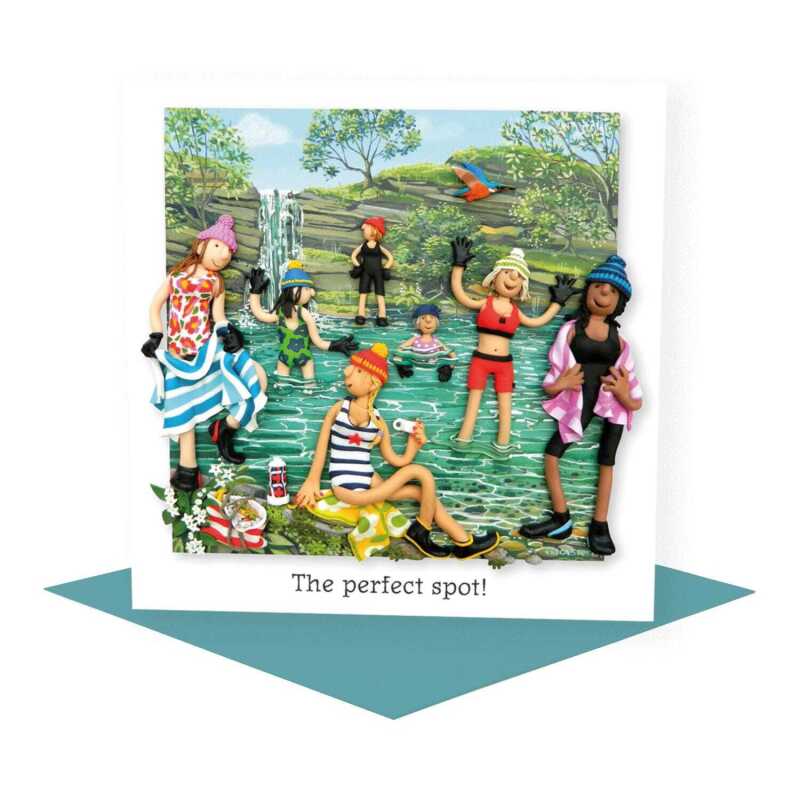 The perfect spot, blank wild swimming card card - designed by Erica Sturla - 15cm square and blank inside, made in the UK