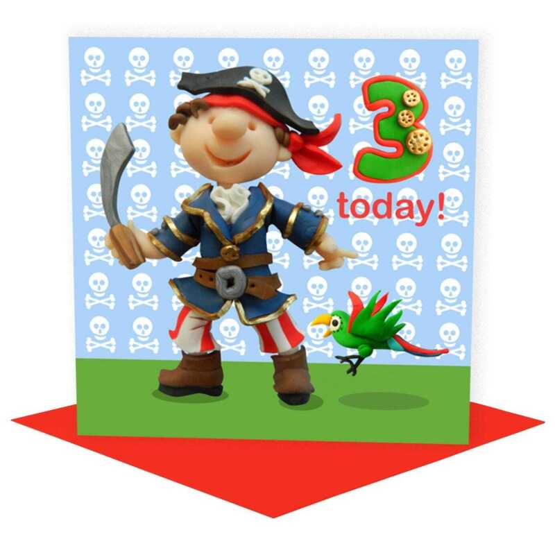 Birthday boy age 3 in a pirate costume - child's age birthday - designed by Erica Sturla - 15cm square and blank inside, made in the UK