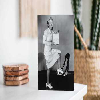 Nuts to vitamins, vintage photographic card featuring funny nurse with vitamins  - 12.6 x 17.7cm and blank inside - made in the UK