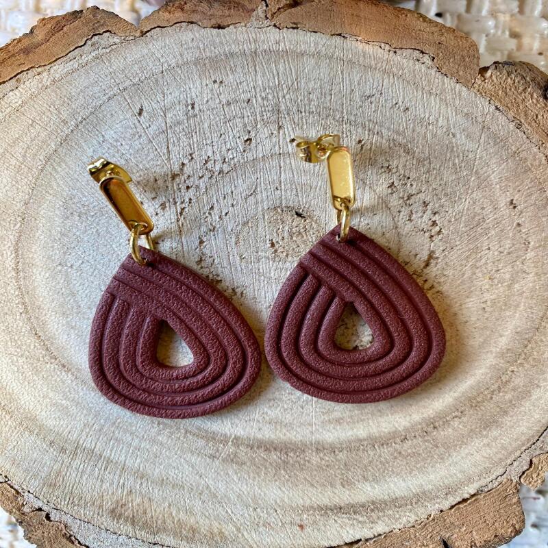 Wine Red Teardrop Polymer Clay Earrings: Modern Fall Statement Jewelry